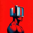 Surreal pop-art piece with a muscular male figure and a vintage TV head, set against a striking red background.
