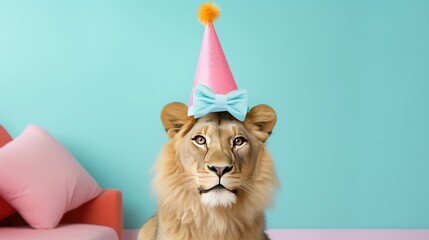 Wall Mural - imaginative animal idea. lion dressed for a party wearing a cone hat, a necklace, and a bow tie, iso