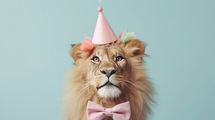 Wall Mural - imaginative animal idea. lion dressed for a party wearing a cone hat, a necklace, and a bow tie, iso