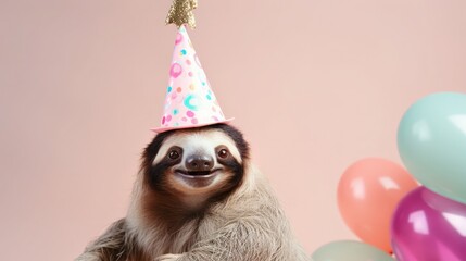 Wall Mural - imaginative animal idea. on a plain pastel background with copy text space, a sloth wearing a party 