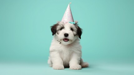 Wall Mural - imaginative animal idea. old english sheepdog puppy dressed for a party in a cone hat, necklace, and