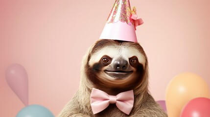 Wall Mural - imaginative animal idea. on a plain pastel background with copy text space, a sloth wearing a party 