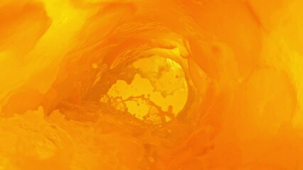 Poster - Super Slow Motion of Orange Juice Wave With Slices. Orange Juice With Slices Surf Wave Rotating Around in Creating Tunnel Shape. Filmed on high speed cinema camera, 1000 fps. Speed Ramp Effect.