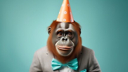 Wall Mural - imaginative animal idea. orangutan dressed for a party wearing a cone hat, a necklace, and a bow tie