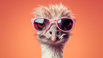 Wall Mural - imaginative animal idea. ostrich bird wearing sunglasses, isolated on a solid pastel background, edi