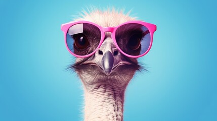 Wall Mural - imaginative animal idea. ostrich bird wearing sunglasses, isolated on a solid pastel background, edi