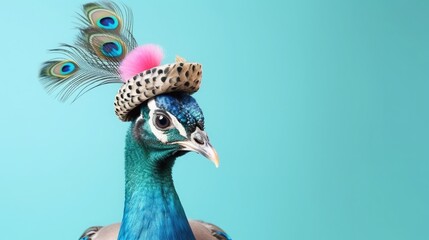Wall Mural - imaginative animal idea. peacock bird isolated on a solid pastel backdrop with copy text space weari