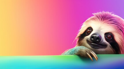 Wall Mural - imaginative animal idea. peering over a colorful, pastel background is a sloth. ads, banners, and ca