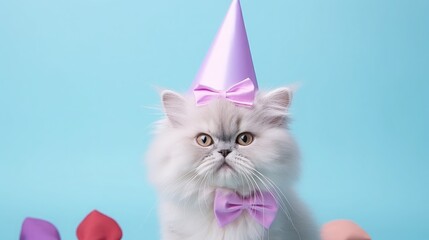 Wall Mural - imaginative animal idea. persian cat kitty kitten wearing a party costume with a bow tie and a cone 