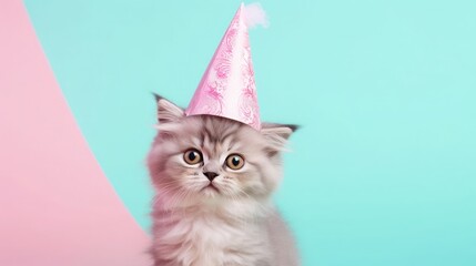 Wall Mural - imaginative animal idea. persian cat kitten dressed for a party in a cone hat, choker, and bow tie, 