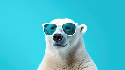Wall Mural - imaginative animal idea. polar bear wearing sunglasses, isolated on a solid pastel background for a 