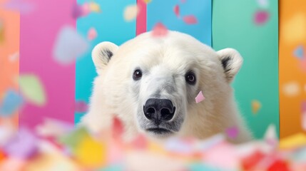 Wall Mural - imaginative animal idea. polar bear peeping through a colorful, pastel background. ads, banners, and