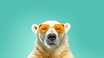 Wall Mural - imaginative animal idea. polar bear wearing sunglasses, isolated on a solid pastel background for a 