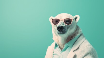 Wall Mural - imaginative animal idea. polar bear wearing sunglasses, isolated on a solid pastel background for a 