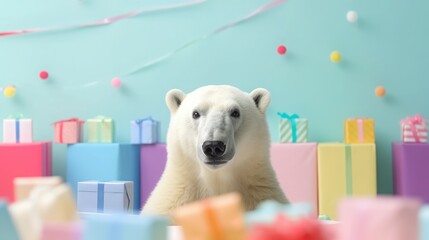 Wall Mural - imaginative animal idea. polar bear peeping through a colorful, pastel background. ads, banners, and