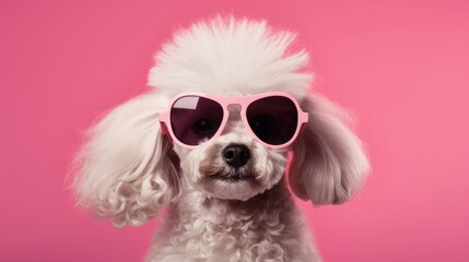 Wall Mural - imaginative animal idea. poodle dog puppy wearing sunglasses on a solid pastel background for a comm