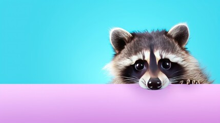 Wall Mural - imaginative animal idea. raccoon peeping over a vibrant, pastel background. ads, banners, and cards.