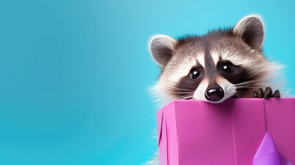 Wall Mural - imaginative animal idea. raccoon peeping over a vibrant, pastel background. ads, banners, and cards.