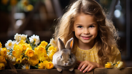 Cute little girl with easter eggs and bunny on rustic background