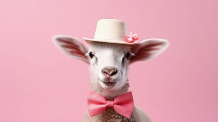 Wall Mural - imaginative animal idea. sheep lamb dressed for a party with a cone hat, a necklace, and a bow tie, 