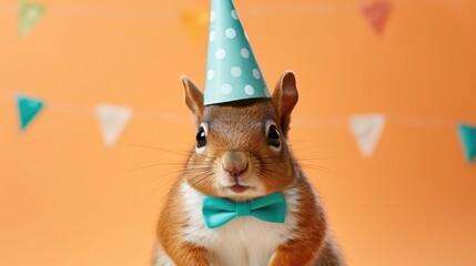 Wall Mural - imaginative animal idea. squirrel dressed for a party wearing a cone hat, a necklace, and a bow tie,