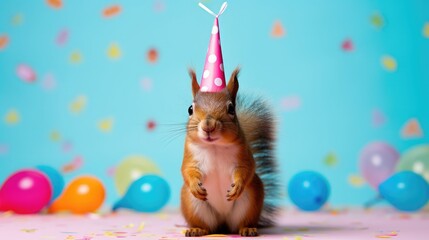 Wall Mural - imaginative animal idea. squirrel dressed for a party wearing a cone hat, a necklace, and a bow tie,