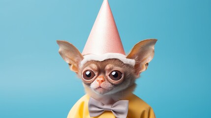 Wall Mural - imaginative animal idea. tarsier dressed for a party in a cone hat, choker, and bow tie, isolated on