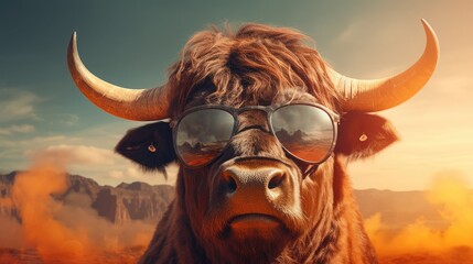 Wall Mural - imaginative animal idea. the image of a buffalo wearing sunglasses is strange. it is from a commerci
