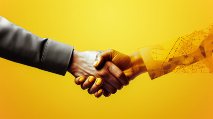 Poster - Vibrant handshake between technology and humanity against a yellow background. Digital transformation concept. Generative AI