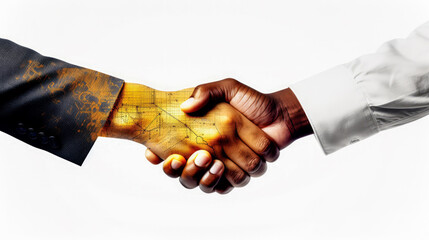Poster - Artistic handshake blending human and digital elements over a sunlit background. Technology integration concept. Generative AI