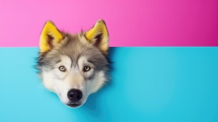 Wall Mural - imaginative animal idea. wolf peeping through a colorful, pastel background. ads, banners, and cards