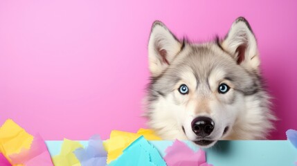 Wall Mural - imaginative animal idea. wolf peeping through a colorful, pastel background. ads, banners, and cards