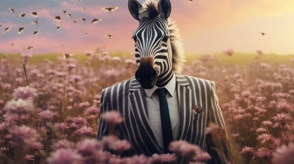 Wall Mural - imaginative animal idea. zebra dressed in a sharp suit, in a fantastical field of blossoming flowers