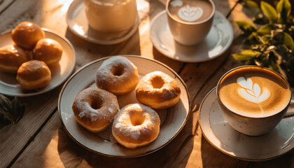 Donuts sprinkled with powdered sugar and cappuccino coffee in cups