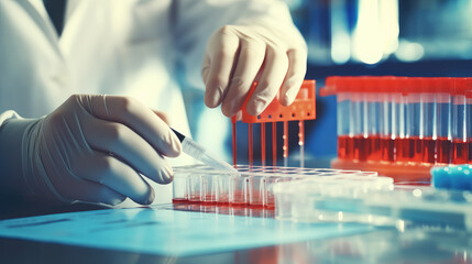 a detailed view of a laboratory setup for blood sample analysis, showcasing a chemical hand and vari