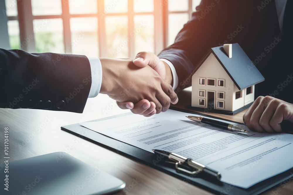 Real estate agent giving a house key to a client after contract signing ...