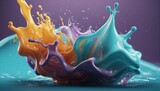 Fototapeta Las - Lavender and teal-colored liquids combine in a spectacular splash, captured in an abstract image that exudes energy and fluidity.