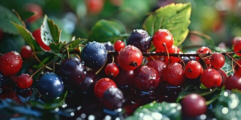 Poster - A close-up view of a bunch of berries growing on a tree. This image can be used to showcase the beauty of nature and the vibrant colors of berries.