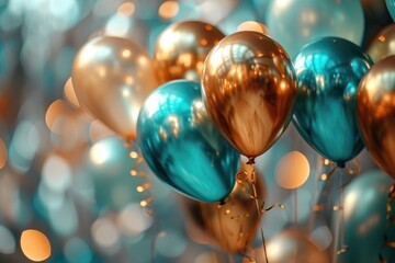Poster - A vibrant collection of blue and gold balloons floating gracefully in the air. Perfect for adding a festive touch to any celebration or event