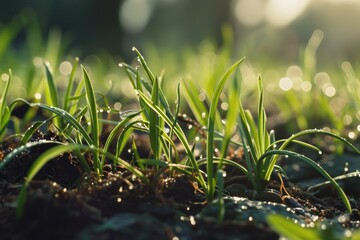 Poster - Dewy grass with water droplets. Perfect for nature or gardening concepts