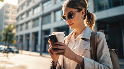 Poster - A woman wearing sunglasses is focused on her cell phone. This image can be used to depict modern technology, communication, or social media usage