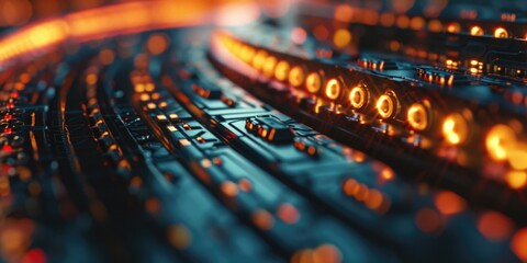Aufkleber - A detailed view of a sound board with out-of-focus lights in the background. Perfect for music events or concert themes