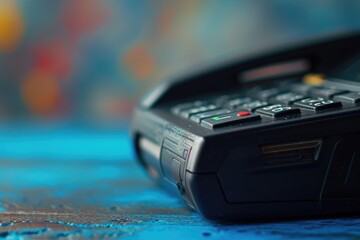 Poster - A close up of a cell phone placed on a table. Can be used to depict technology, communication, or workplace concepts
