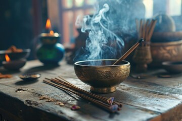 Wall Mural - A wooden table with a metal bowl filled with incense sticks. Perfect for creating a calming and aromatic atmosphere