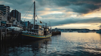Poster - A boat is docked in a harbor with buildings in the background. This image can be used to depict a peaceful coastal scene or as a backdrop for travel and adventure-related content