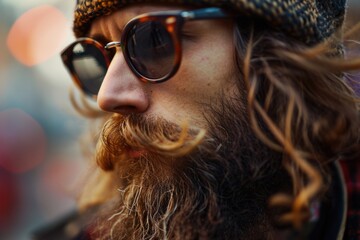 Aufkleber - A man with a long beard wearing a hat and sunglasses. Suitable for various themes and concepts