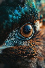 Poster - A close up view of a bird's eye and its intricate feathers. This image can be used to showcase the detailed beauty of birds or as a symbol of freedom and nature