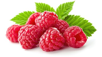 Wall Mural - A bunch of raspberries with leaves placed on a white surface. Perfect for food and healthy eating concepts