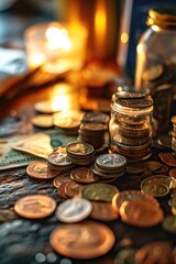 Poster - A pile of coins sitting on top of a table. Suitable for financial concepts and money-related themes