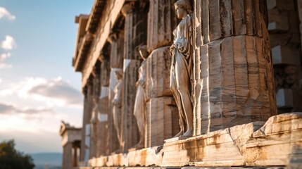 Poster - A row of statues on the side of a building. Suitable for architectural and historical themes